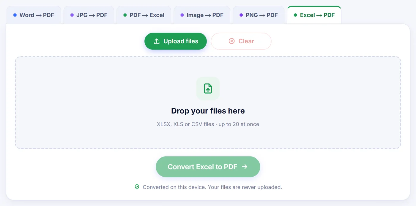 Empty Excel to PDF tab with Upload files and Clear buttons above a dashed drop zone that accepts XLSX, XLS or CSV files, up to 20 at once