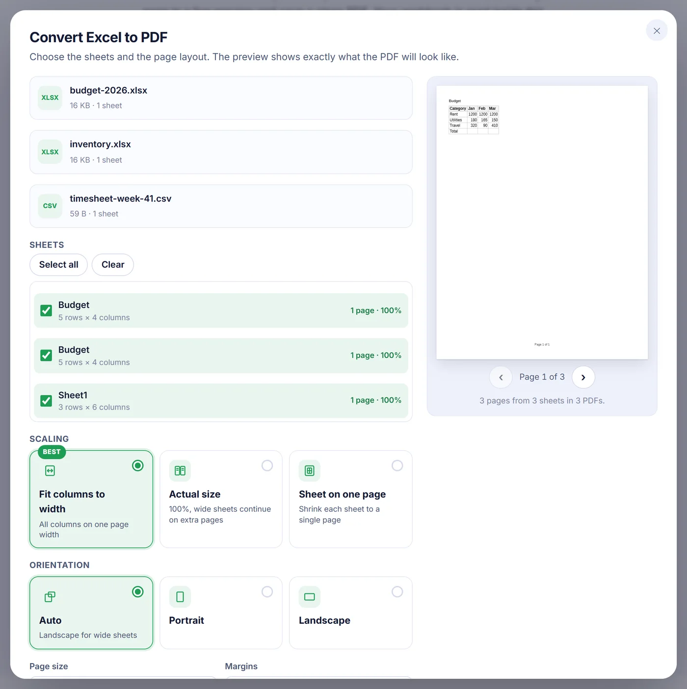 Settings window with three workbooks, ticked sheets Budget, Budget and Sheet1, Fit columns to width marked Best, Auto orientation and a live page preview