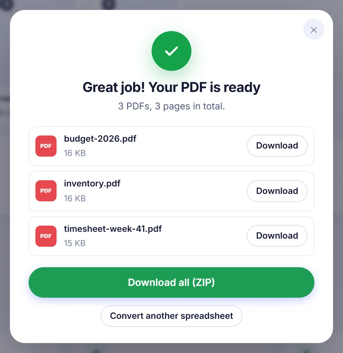Success window reading Great job! Your PDF is ready, listing budget-2026.pdf, inventory.pdf and timesheet-week-41.pdf, each with its own Download button